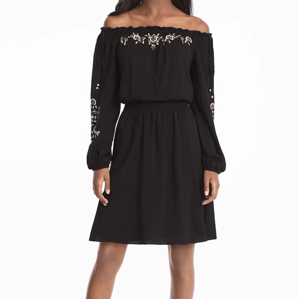 XXS Off Shoulder Embroidered Black Dress NWT
